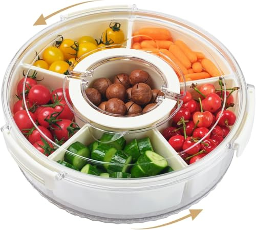 Snackbox mit Fächern - 28cm Snackteller mit Deckel und Griff, Rund Snack Spinner mit Verschlussdeckel, 6 Fächern Snackteller Transportbox Aufbewahrungsbox für Party Familien, Snacks, Nüsse, Obst