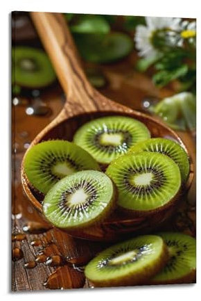 QXYUIN Kiwi Slices on Wooden Spoon Fruit Poster Wall Art Canvas Aesthetic Decorative Painting for Room 16x24inch(40x60cm) Frame-style