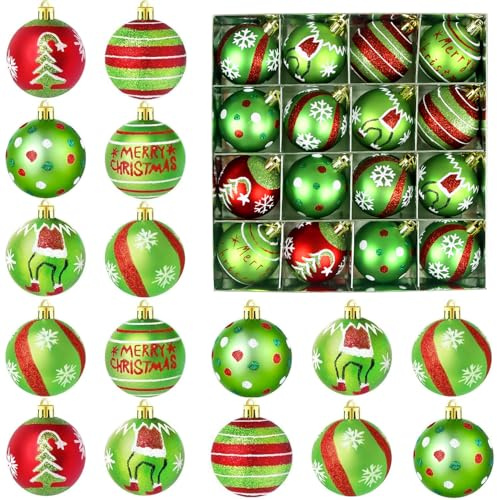 Pipihome Grinch Weihnachtskugeln, 16 TLG Christbaumkugeln Kunststoff Weihnachtsbaumkugeln, 6cm Rot Grün Weiß Weihnachtskugeln Plastik für Weihnachtsbaum Deko Elfen Thema