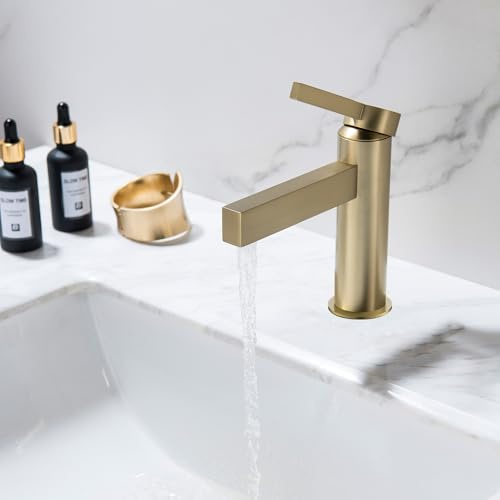 Modern Bathroom Sink Single Lever Basin Waterfall Mixer Tap Single Hole with a pop up Drain (Brushed Gold)