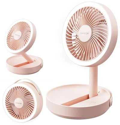 gaiatop Foldable Small Desk Fan, with LED Night Light, 6000mAh Battery Portable Desktop Fan, USB Rechargeable, Bedroom Office Camping Travel Essentials, Gifts for Mum Women, 6.8in Pink