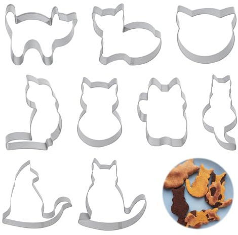 JYYWTSI 9 Formine Biscotti Gatto, Set Tagliabiscotti in Acciaio Inossidabile, Profondità 2 cm, Spessore 1 mm, 9 Forme Gatto Diverse, per Biscotti, Fondente, Dolci e Decorazioni DIY