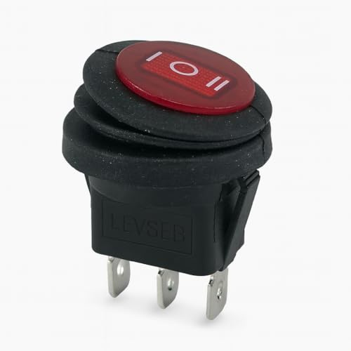 LEVSEB 6A Rund-Wippschalter SPDT Ein/Aus/Ein wasserdicht – 6A bei 250V / 12V–24V Umschalter für Auto, Boot, Motorrad, Wohnmobil – Ø20 mm, rot/schwarz, ohne Beleuchtung