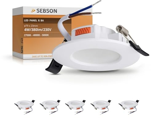 SEBSON LED Einbaustrahler 230V 4W 380lm, programmierbar 2700K, 4000K, 5800K | LED Panel 79mm rund, 23mm flach, Deckenstrahler Einbauloch Ø65-70mm mit einstellbarer Farbtemperatur