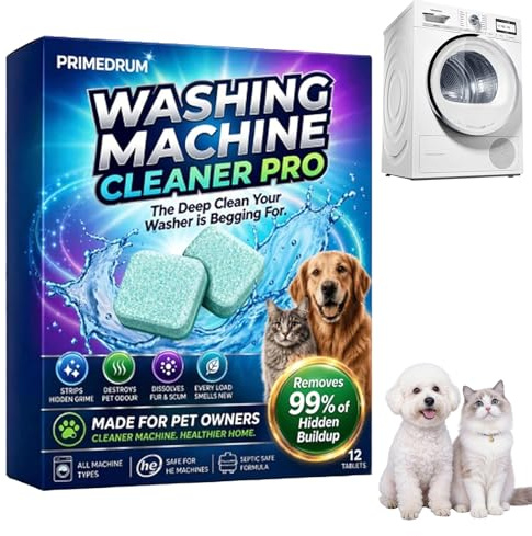 PrimeDrum Washing Machine Cleaner Pro Tablets,Pet Hair Remover for All Washing Machines, 12 Pack Limescale Descaler, Enzyme Washing Machine Cleaner