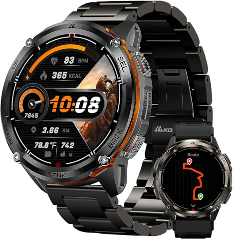 KOSPET Tank T3 Ultra 2 GPS Smartwatch Herren, 2 Bänder, für Android/iPhone | Edelstahl, 1,43 AMOLED, 50M wasserdicht /IP69K, Robuste Militär Watch mit Telefonfunktion, Herzfrequenzmonitor/Schlaf