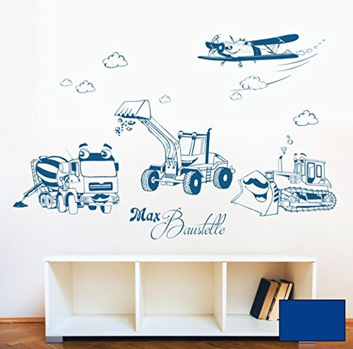 Wandtattoo Wandaufkleber Baustellen Autos Baufahrzeuge Baustelle Bagger Mischer Raupe und Flugzeug mit Wunschnamen M1733 - ausgewählte Farbe: *Blau* - ausgewählte Größe: *L - 100cm breit x 65cm*