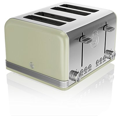 Swan ST19020GN Retro 4-Slice Toaster with Defost/Reheat/Cancel Functions, Cord Storage, 1600W, Retro Green