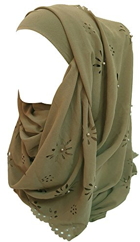Lina & Lily Chiffon Hijab Kopftuch Schal mit Blumen und Perlen für muslimische Frauen (Khaki)