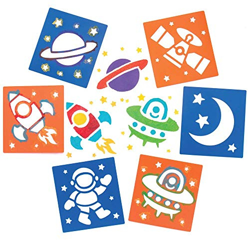 Baker Ross AR940 Reusable Solar System, Stars, Planets, Rockets, Aliens, UFO, Stencil Set for Arts & Crafts, 15cm x 14cm, Orange & Blue, Pack of 6, Pieces