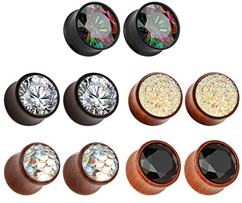 TBOSEN 5 Paars Gauge Holz Tunnels Earrings Zircon Stein Body Schmuck Set Stretching Tapers Expanders Holzen Ear Ohr Plugs Gauge 8mm - 16mm