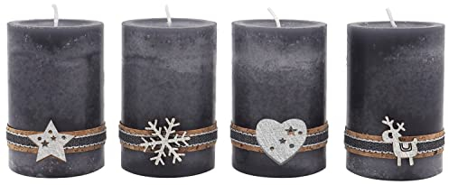 ZauberDeko 4 Adventskerzen Kerzen Stumpenkerzen Grau Silber Holz Weihnachten Advent Deko Tischdeko, Unparfümiert