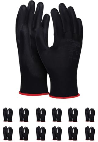 DONAU SAFETY Montagehandschuhe Handschuhe/Größe 10, 12 Paar/Kat. II/Schwarz/Handschuhe Arbeitshandschuhe aus Polyester/Polyurethan/Garten-, Builders, Mechaniker