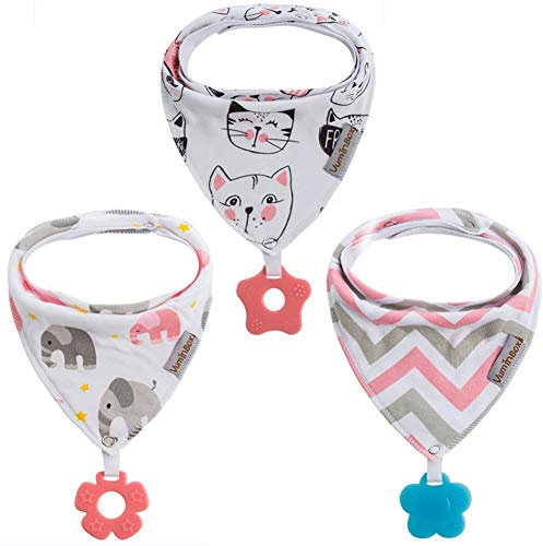 Baby Dreieckstuch Babylätzchen Bandana mit Beißspielzeug Einstellbar Spucktuch 100% Bio-Baumwolle, Super Saugfähig und Weiche, Halstücher Drool Lätzchen für Mädchen (3Pack Katze)