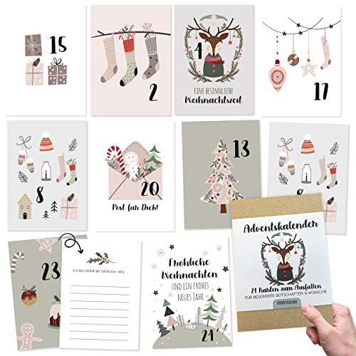 Papierdrachen Adventskalender 2024 zum Basteln u. Verschenken | 24 Postkarten zum Gestalten | Geschenkidee in der Vorweihnachtszeit für Frauen u. Männer | mit liebevollen Motiven zum Aufhängen | Hygge