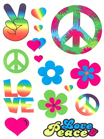 3 Bögen Temporäre Transfer Einmal Tattoos Flower Power Hippie Love and Peace