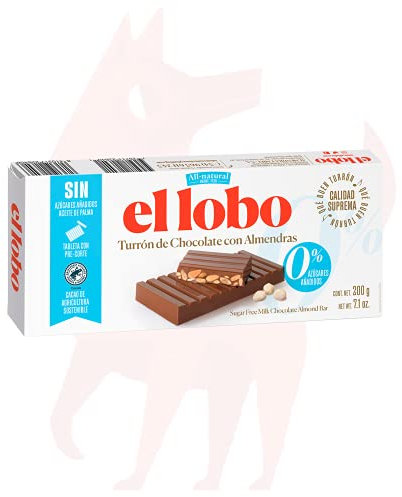 EL LOBO - Turrón De Chocolate Con Leche Con Almendras Seleccionadas, Textura Crujiente, Calidad Suprema Tableta Pre-Cortada En Porciones 0% Azucar Añadido, Turrón Tradicional, Almendra, 200 Gramos