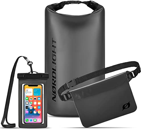 Nordlight wasserdichte Tasche 3er Set (Anthrazit) - Dry Bag 10l + wasserdichte Handyhülle + wasserdichte Hüfttasche | IPX8 Schutz | Mit Verstellbaren Gurten Für Strand, Stand Up Paddling