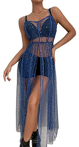 Loalirando Damen Mode Streetwear Transparent Kleid Party Clubwear Unterkleid Bikini Cover up(M,Blau)