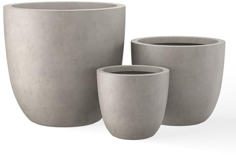 Kante Runde Pflanzgefäße aus Beton, 45,7 cm, 35,6 cm, 25,4 cm Durchmesser, 3 Stück, für drinnen und draußen, große Pflanztöpfe mit Ablaufloch und Gummistopfen für Zuhause, Terrasse, Garten,