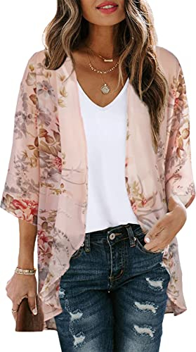 Cardigan kimono da donna con stampa floreale a sbuffo con maniche a maniche corte, Fiori rosa., S