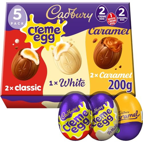 Cadbury Crème Egg Easter Assortment 5 Pack, Includes 2 x Crème Egg, 1 x White Chocolate & 2 x Caramel, 200 g (Pack of 1)
