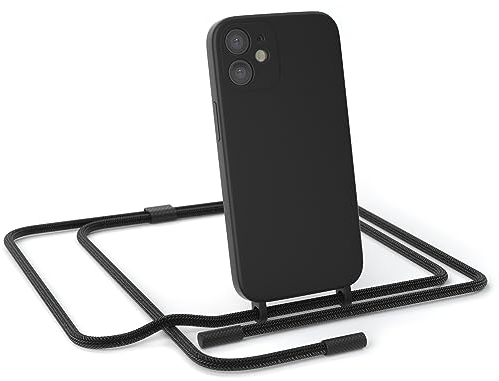 EAZY CASE - Handykette Silikon Premium kompatibel mit iPhone 12 Mini Handyhülle mit Umhängeband, Handykordel mit Schutzhülle, Silikonhülle, Hülle mit Band, Kette für Smartphone, Schwarz