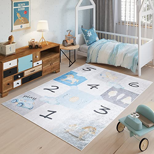 TAPISO Emma Kinderteppich Grau Bunt Zahlen Antirutsch 80 x 150 cm