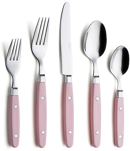 ANNOVA Ensemble de couverts/couverts en acier inoxydable avec poignées de couleur et rivets/style rétro. (Light Pink, 20 Pieces)