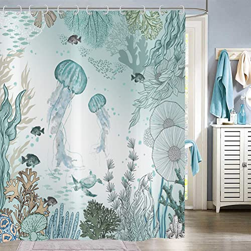 Hnmdmyi Duschvorhang Quallen 180x200, Nautische Küste Tropische Fische Koralle Türkis Ozean Thematisch Unterwasser Meeresleben Badewanne Vorhang Wasserdicht Polyester Stoff Waschbar Badevorhang