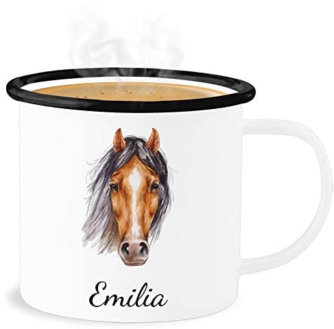 Emaille Becher Blechbecher - Pferd - Pferde Geschenk I Pferdekopf Pferde Mädchen - 300 ml - Weiß Schwarz - pferdetassen tasse pferdemotiv pferden emaille+tasse+kinder+personalisiert