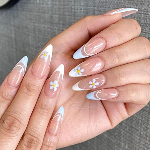 AKOFIC 24 Pièces Faux Ongles Français Court Amande, Ballerine Faux Ongles avec Colle à Ongles, Press On Nails Faux Ongles à Coller Nail Art pour Femme et Fille (Fleur Blanche Rose)