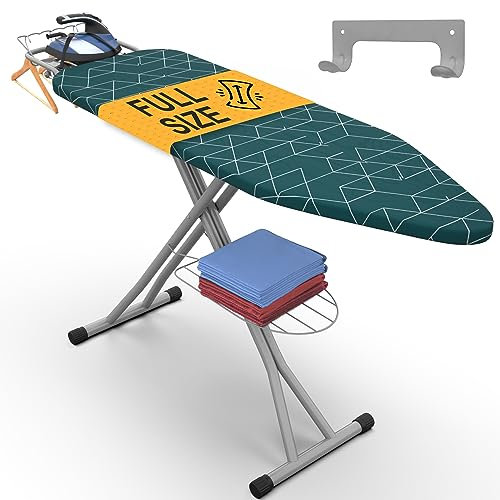 Xabitat Full Size Ironing Board 57 X 15 with Wall Mount Hanger, Full Metal Construction Iron Board, Built in Iron Caddy, Heat & Scorch Resistant Fabric, Cord Holder, Anti-Skid Feet, Heavy Duty