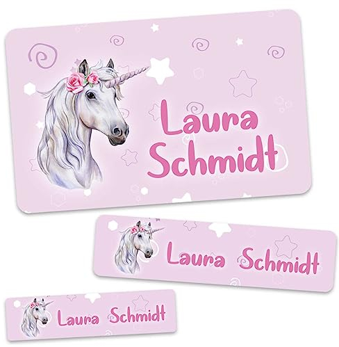 GRAVURZEILE Schuletiketten - Einhorn Design - Personalisiert mit Namen - 100 Aufkleber in 3 Größen für das Beschriften von Schulsachen Hefte Bücher - Geschenk zum Schulanfang zur Einschulung