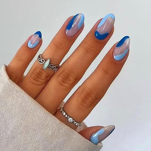 24Pcs Almond False Nails Short, French Tips Blue Wave Press on Nails Acrylic Full Cover Stick on Nail with Glue Stickers, Oval Glossy Artificial Fake Nail for Women Girls DIY Manicure