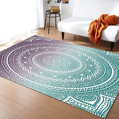 Türkis-lila Farbverlaufsblumen Teppiche Gegend, Böhmische Mandala-Blumenstruktur Kleiner Teppich für Wohnzimmer Schlafzimmer Kinderzimmer Büro 100 x 150cm