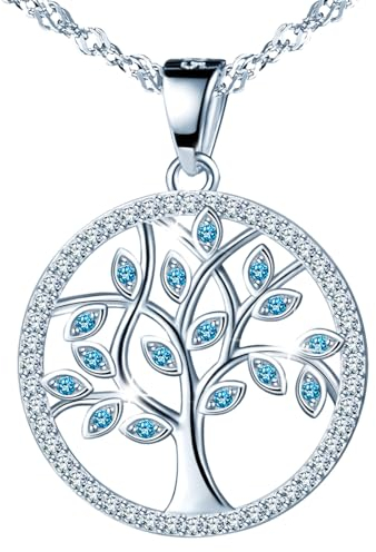 MŚ 1997 MENNICA ŚWIDNICKA Eule Baum des Lebens Damen Halskette 925 Sterling Silber mit Marken Kristalle Anhänger Kette SilberKette Geschenk für Frau zum Geburtstag (Aquamarine)