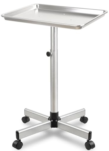 Fuehomue Salon Tray Cart, Adjustable Height, Silver Aluminum, Salon Color Tray with Wheels, Ideal for Salons, Tattoos, Dentists