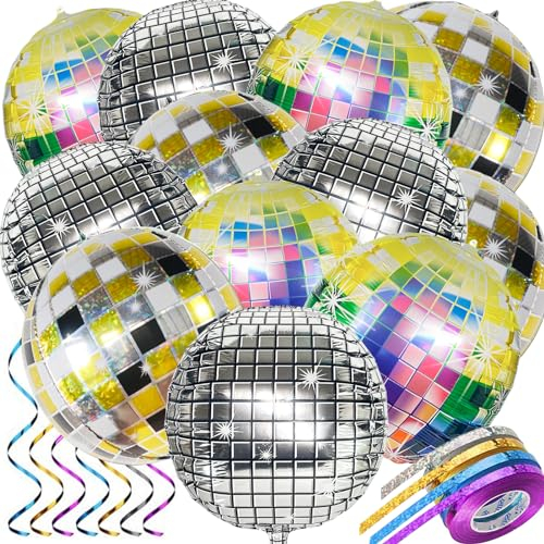 Disco Luftballon, 12 Stück Disco Folienballons mit 4 Rollen farbigen Bandes, 22 Zoll Mehrfarbige 4D Deko Disco Party Ballons, Metall Spiegel Luftballon 70er 80er Jahre Retro Party Deko