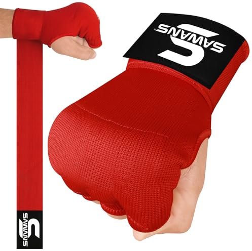 Box-Handbandagen Innenhandschuhe zum Schutz der Hände Lange Handgelenkriemen elastisch gepolstert Kampfsport-Kampfhandschuhe Boxsack-Trainings-Gel-Pratzen Muay Thai MMA Kinder (Rot, L/XL)