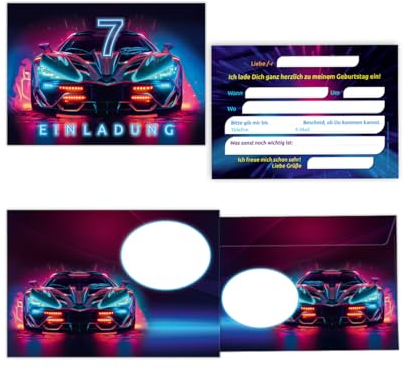 Minkocards 12 Einladungskarten zum 7. Kindergeburtstag Junge Auto Rennauto incl. 12 Umschläge Einladungen siebte Jungsgeburtstag Rennwagen
