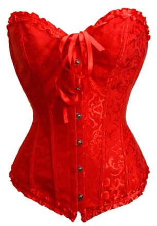 Bslingerie® Women Gothic Floral Lace Satin Overbust Corset (S, Red)