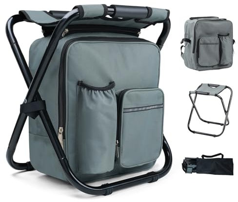 Outplea Kompakter Campinghocker mit 15L Abnehmbarer Kühltasche, Leichter Sitzrucksack mit Klappbares Gestell, Stabiler Klapphocker Faltbar für Angeln Picknick Trekking Jagd Wandern, Grau