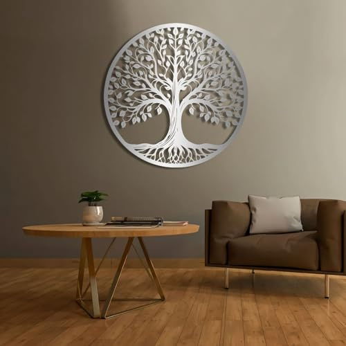 Grande décoration murale en métal motif arbre de vie noir pour salon, chambre à coucher, salle à manger (47 x 47 cm, argent)