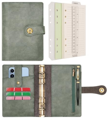 Wonderpool Ringbuch Notizbuch A6 Nachfüllbar Leder Tagebuch Organizer Binder Ordner mit Taschen Liniertes Papier Stift für Büro Schule Geschäft Reisen Planung Schreiben (Grün,A6)