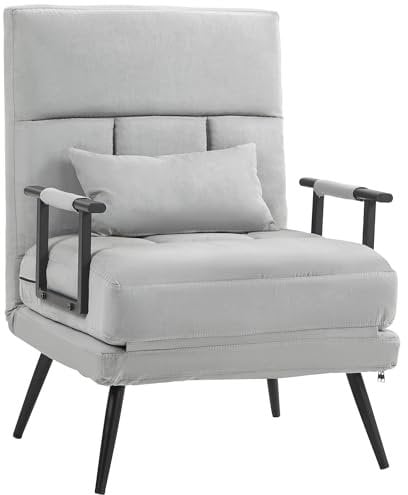 HOMCOM Sofá cama Convertible 1 plaza Sillón de salón 3 en 1 Respaldo reclinable 5 posiciones, reposabrazos y cojín, efecto terciopelo, gris