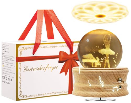 MJKOPEE Spieluhr Kristallkugel mit Licht, 3D Spieluhren 360°Drehbar Holzsockel,Musical Box für Kinder/Erwachsene/Mama/Muttertags/Geburtstag/Weihnachten Gedenkgeschenke (Ballett Mädchen)