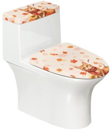 CREAMIC Orange Cat Toilet Tank Lid and Seat Cover with Elastic Bottom - Maple Leaf 2 Pieces Set Universal Fit Top Covers for Home Indoor Decoration