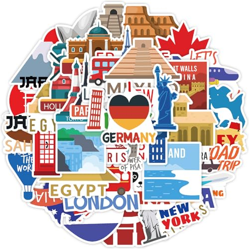 PRETTYSUNSHINE Reisen Sticker 50 Stück, Vintage Weltweiter Tourismus Aufkleber für Koffer Kindle Scrapbook Journal Fahrrad Motorrad Helm Laptop Skateboard Graffiti Wasserfeste Reisekarte Decals