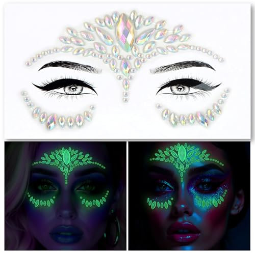 Face Gems, Face Jewels - Self Adhesive- Face Glitter Jewel Tattoo Sticker Festival Gems Rave Party Body MakeUp Rhinestone Gems for Eyes Face Body, face gems for festivals, Halloween (Glow 1)
